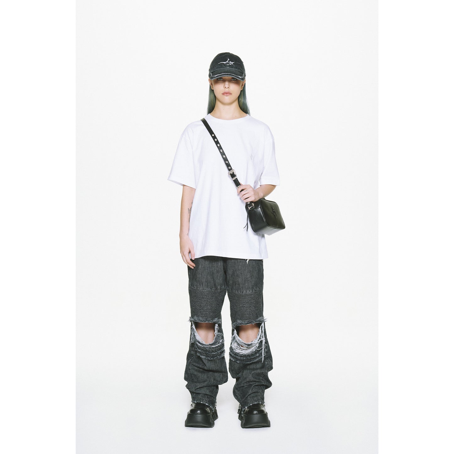 DENIM BIKER BAGGY PANTS / BLACK