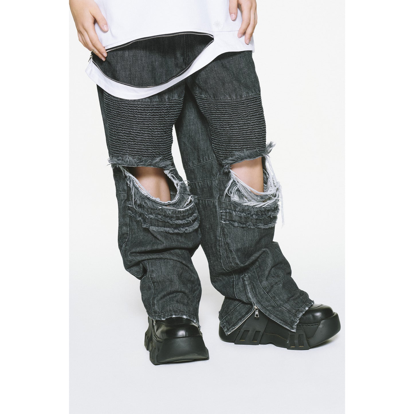 DENIM BIKER BAGGY PANTS / BLACK