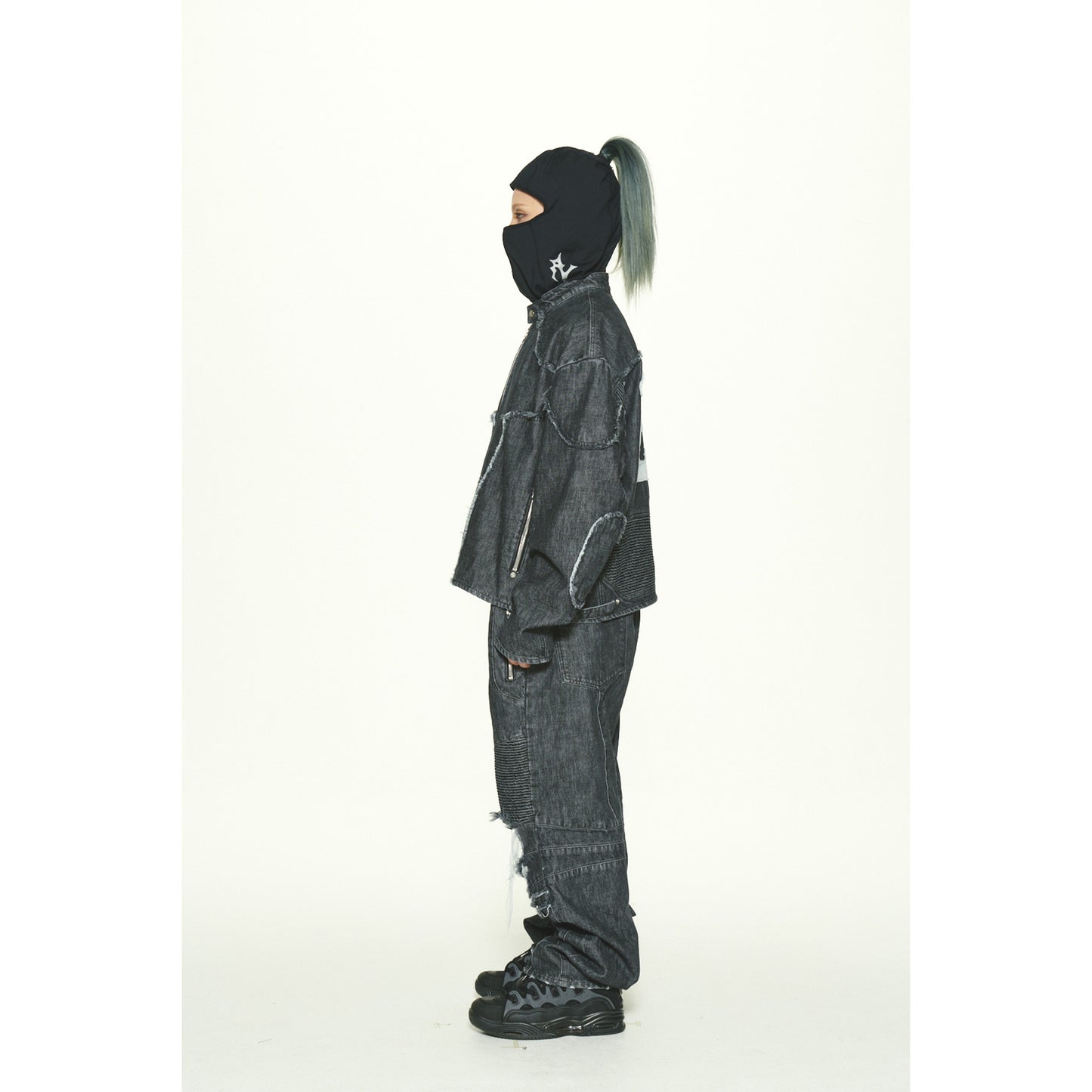 DENIM BIKER BAGGY PANTS / BLACK