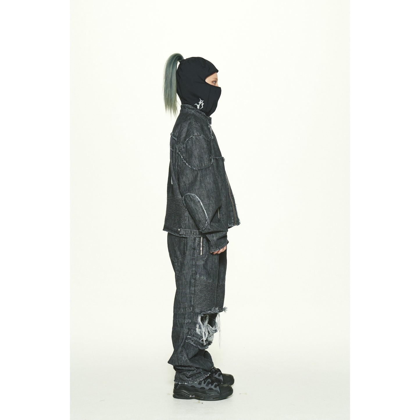 DENIM BIKER BAGGY PANTS / BLACK