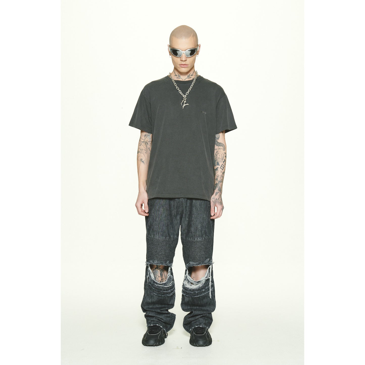 DENIM BIKER BAGGY PANTS / BLACK