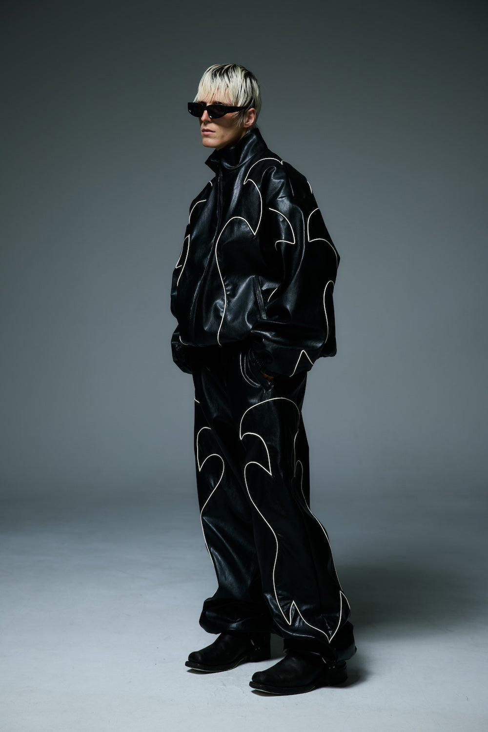 WESTERN FLAME LEATHER TRACK JACKET / BLACK