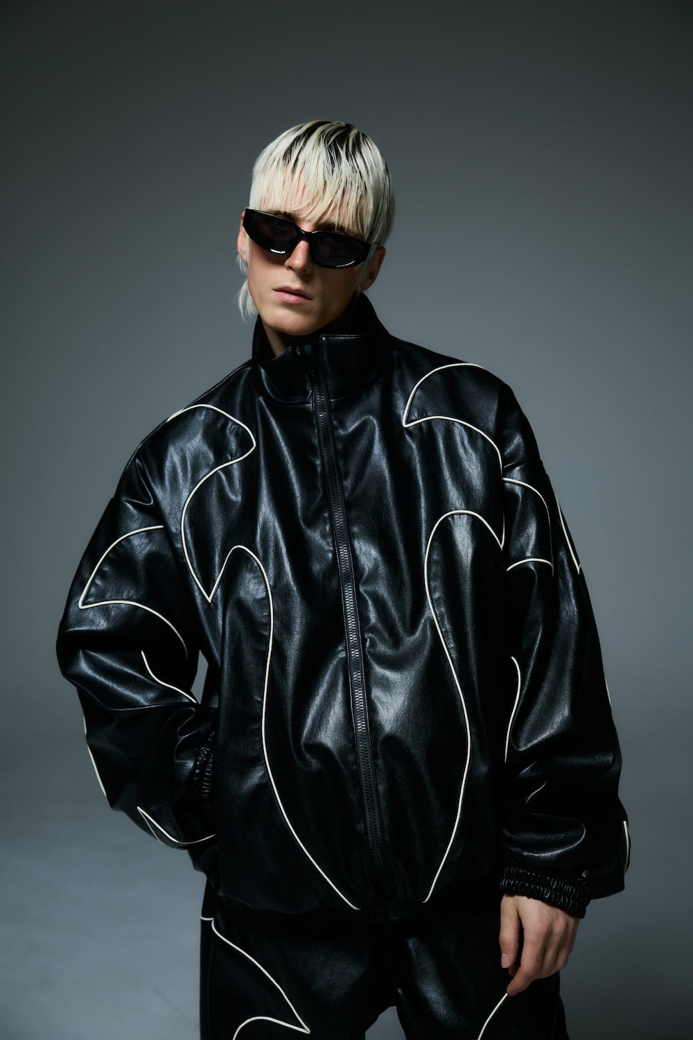 WESTERN FLAME LEATHER TRACK JACKET / BLACK
