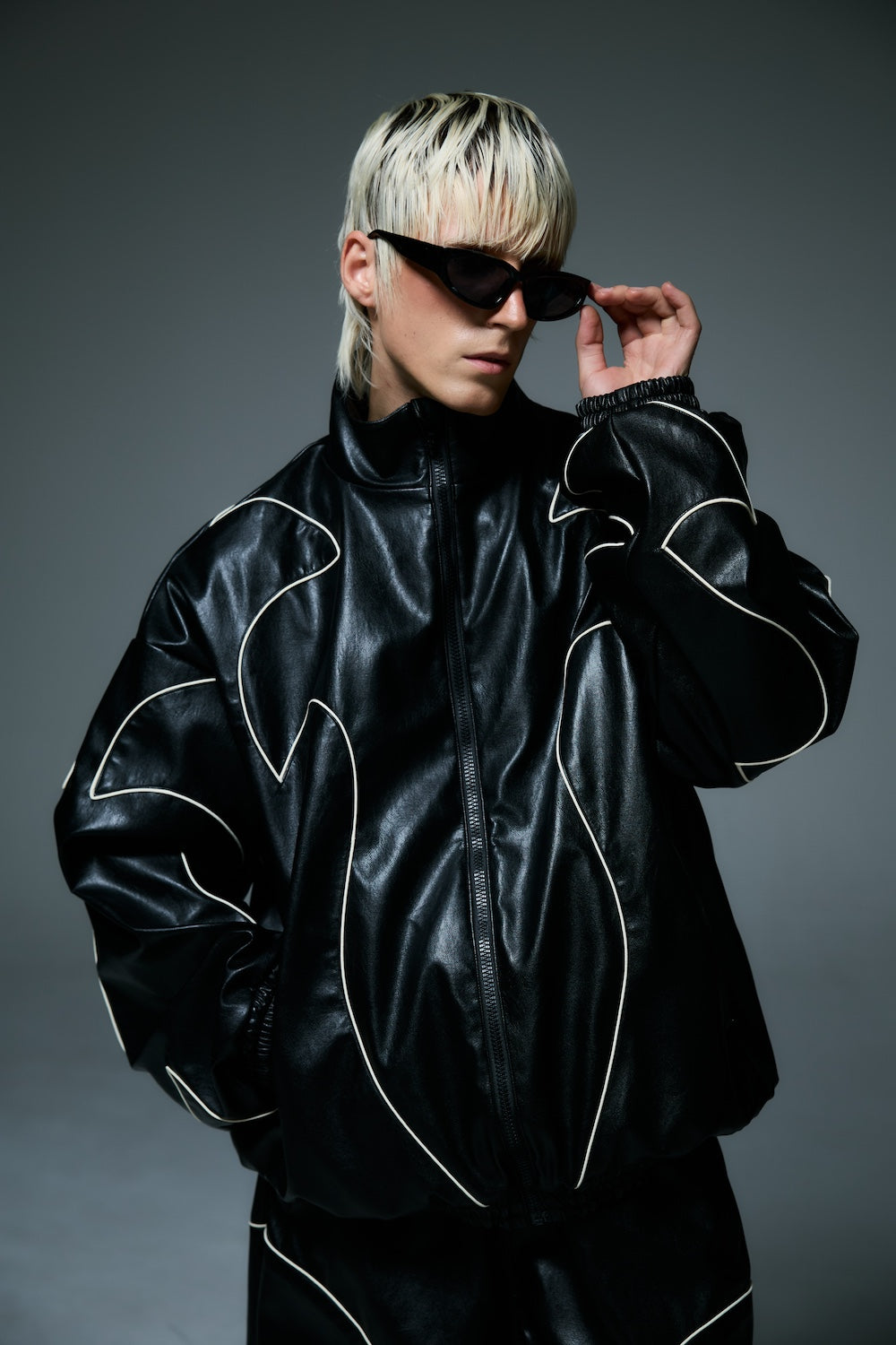 WESTERN FLAME LEATHER TRACK JACKET / BLACK