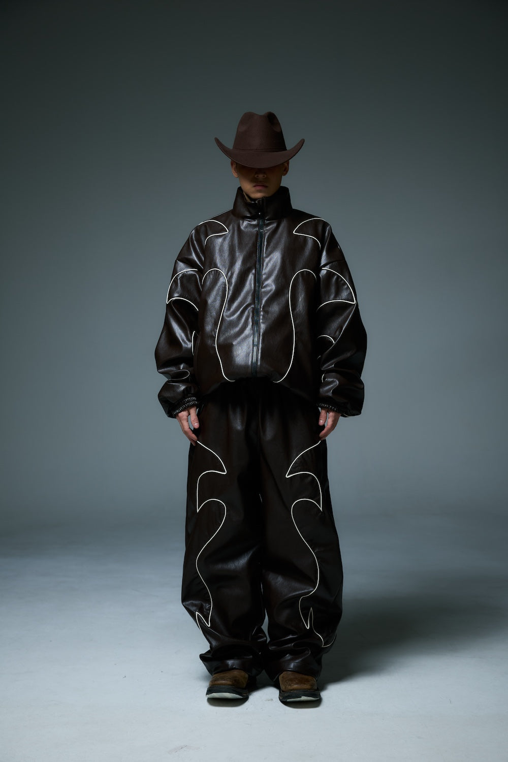 WESTERN FLAME LEATHER TRACK PANTS / BROWN