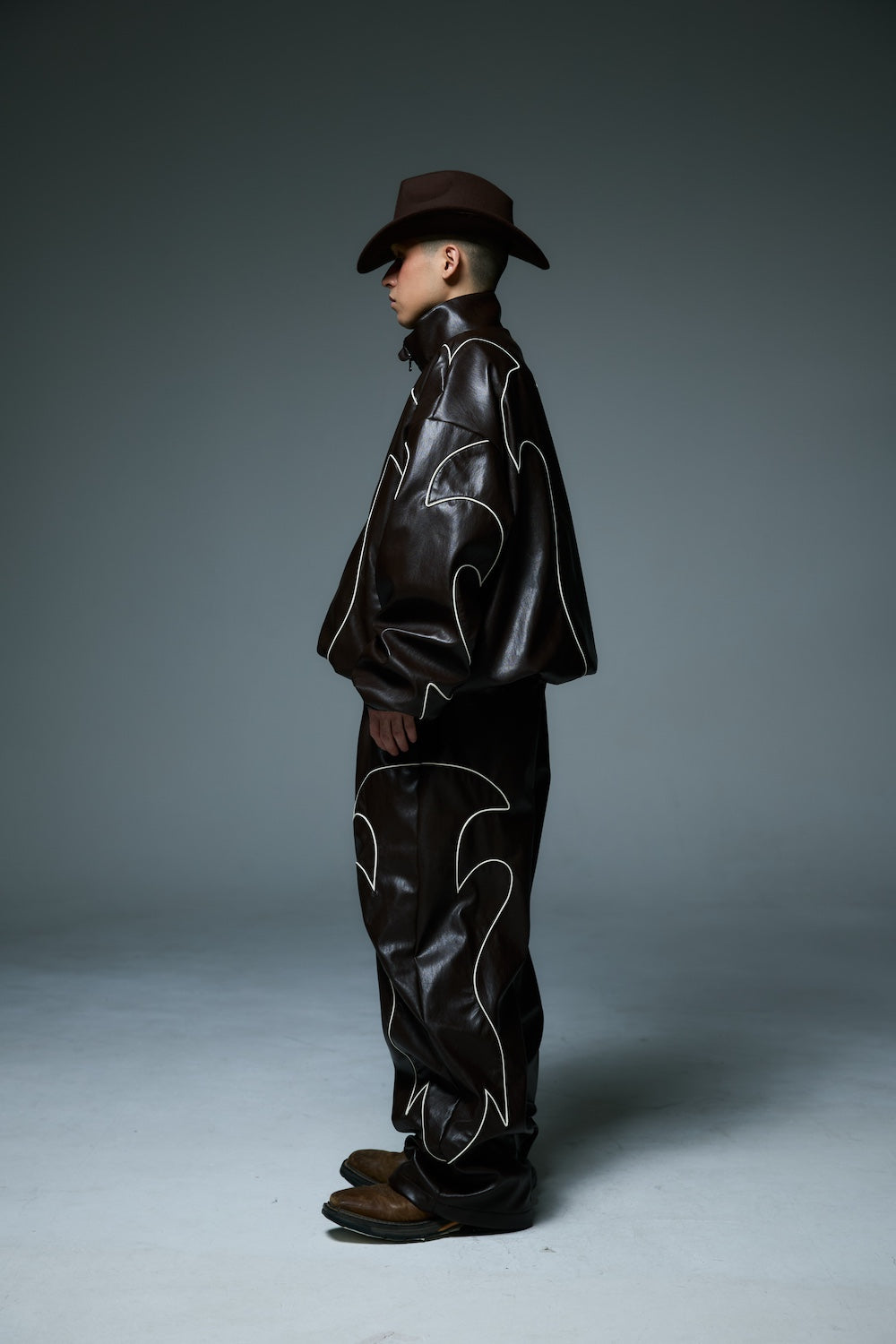 WESTERN FLAME LEATHER TRACK JACKET / BROWN