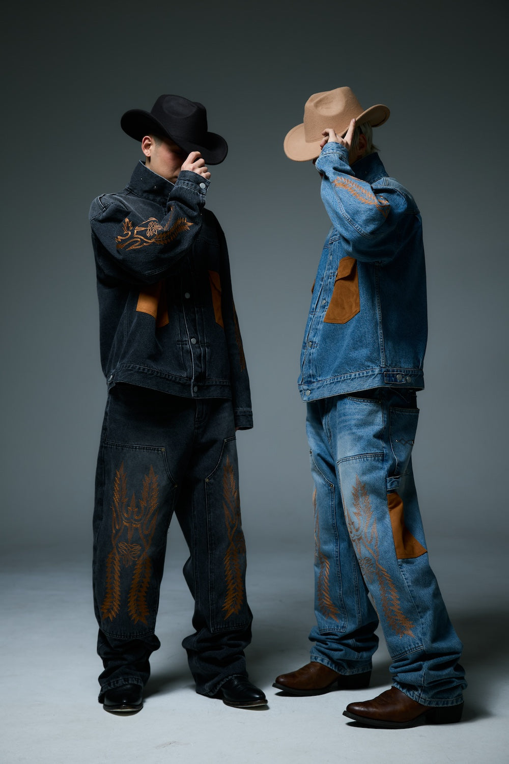 WESTERN DOUBLE KNEE DENIM PANTS / BLACK