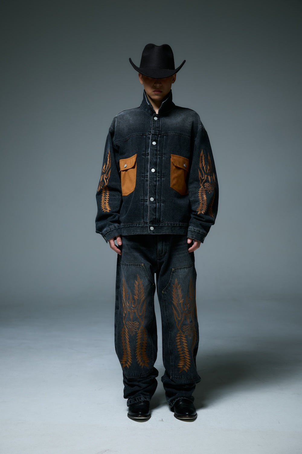 WESTERN DOUBLE KNEE DENIM PANTS / BLACK