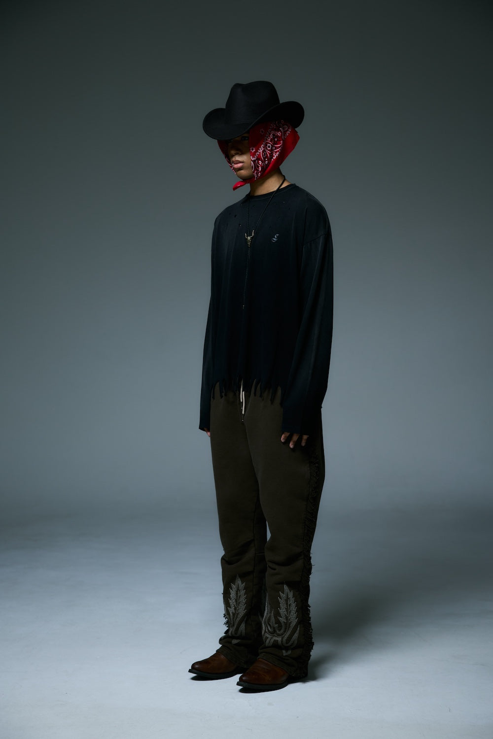 FRINGE LONG SLEEVE T-SHIRTS / BLACK
