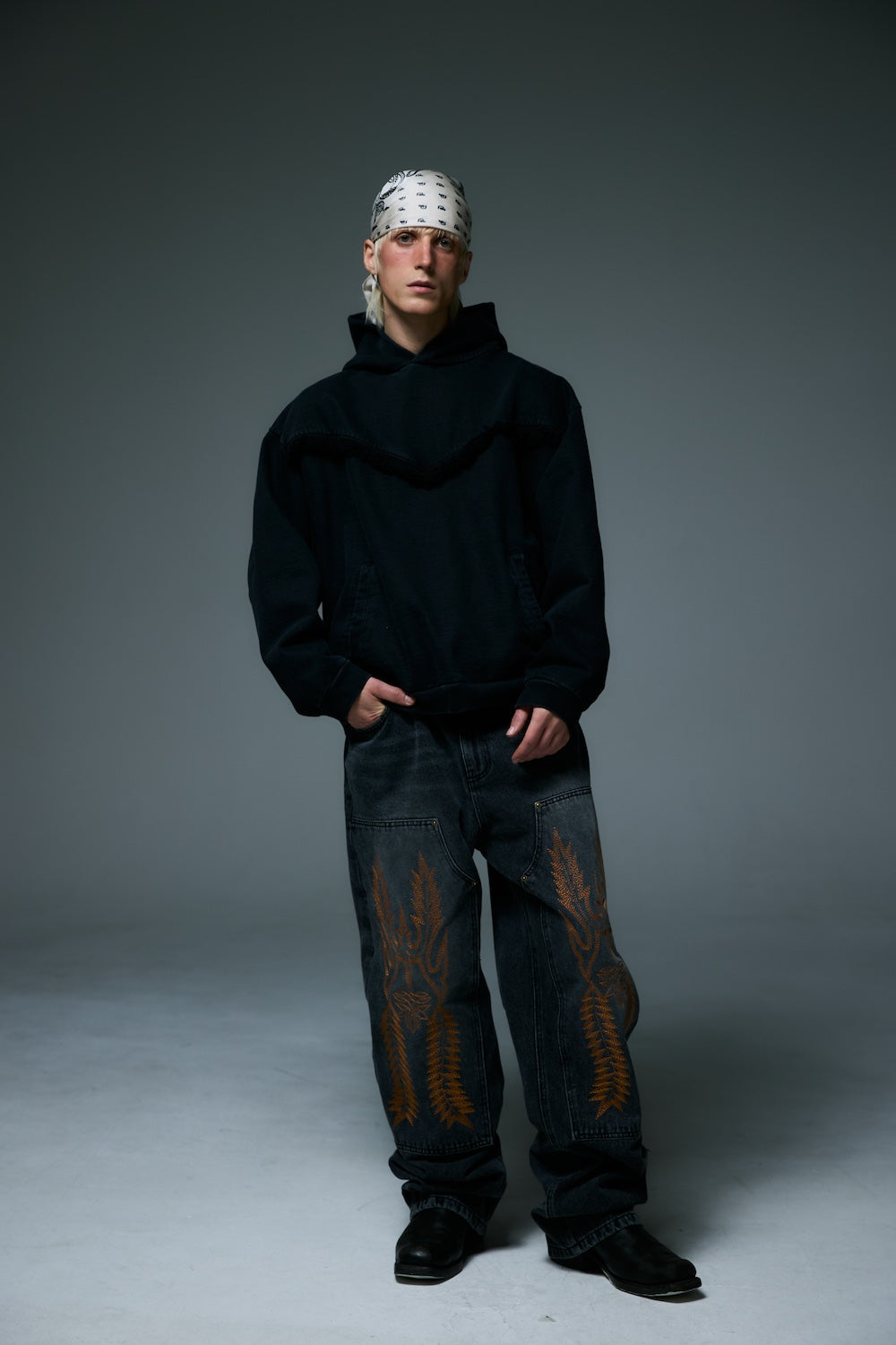 WESTERN DOUBLE KNEE DENIM PANTS / BLACK