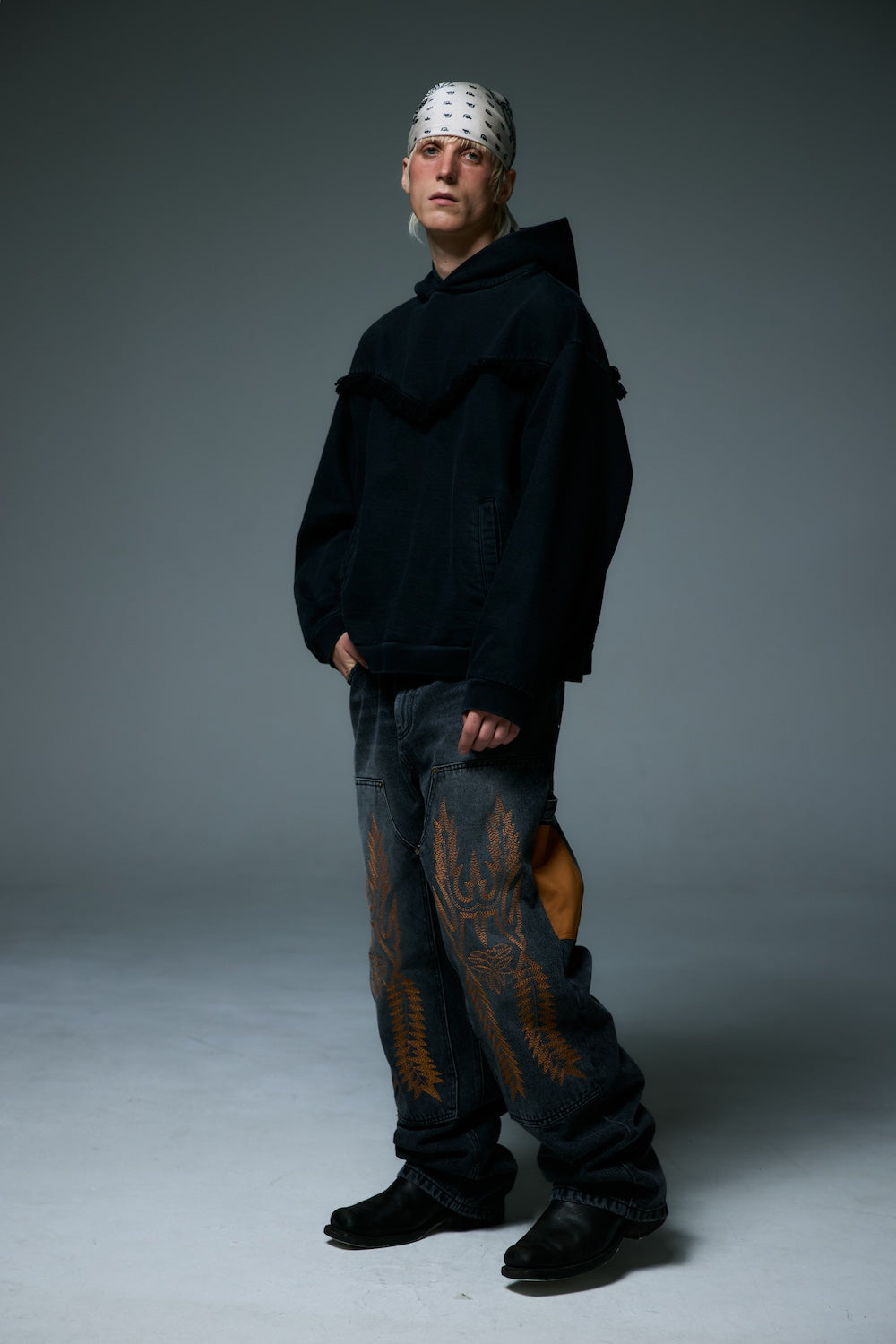 WESTERN DOUBLE KNEE DENIM PANTS / BLACK