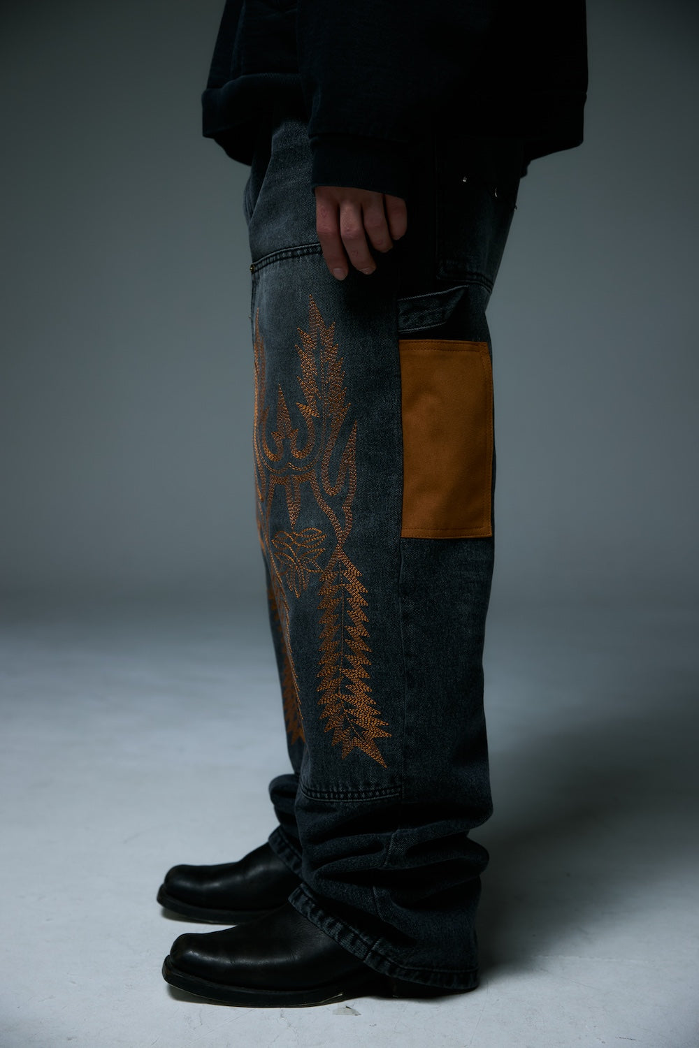 WESTERN DOUBLE KNEE DENIM PANTS / BLACK