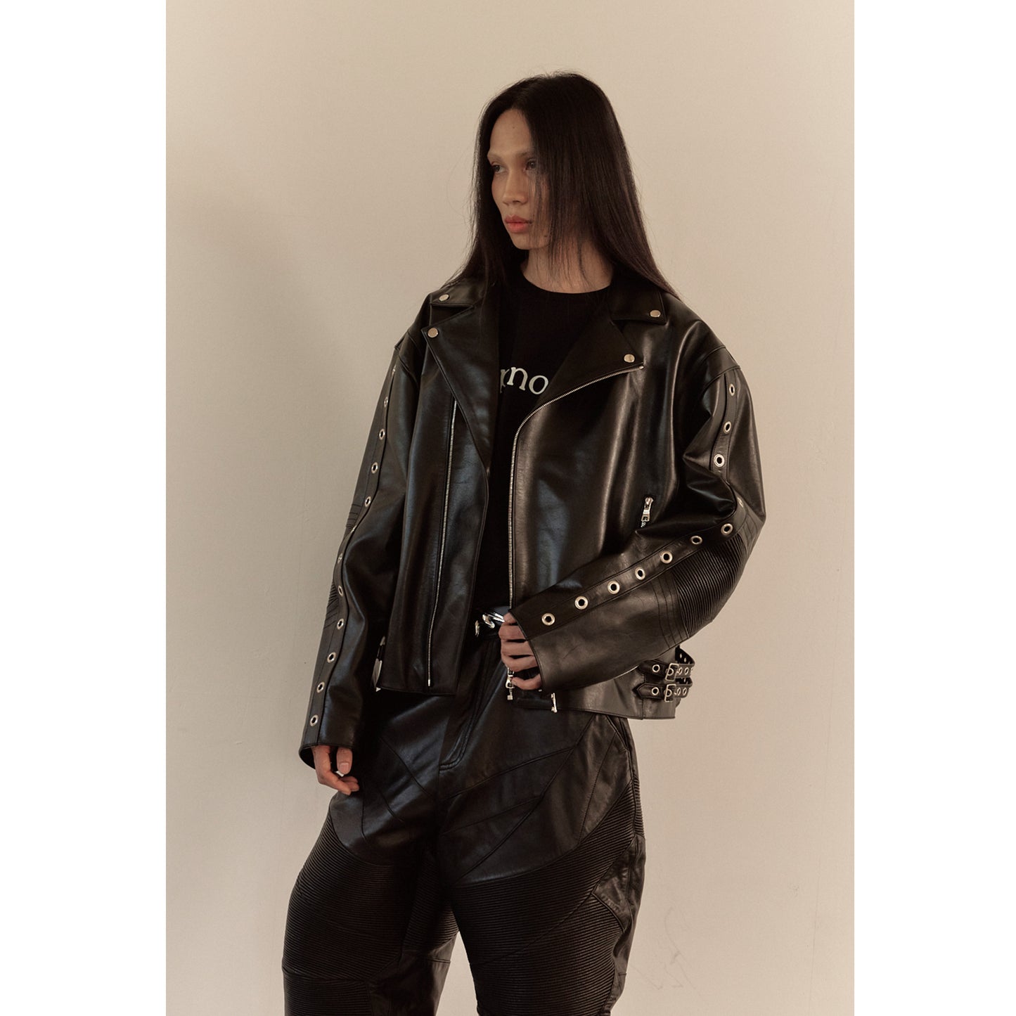 WIDE LEATHER RIDER JACKET / BLACK