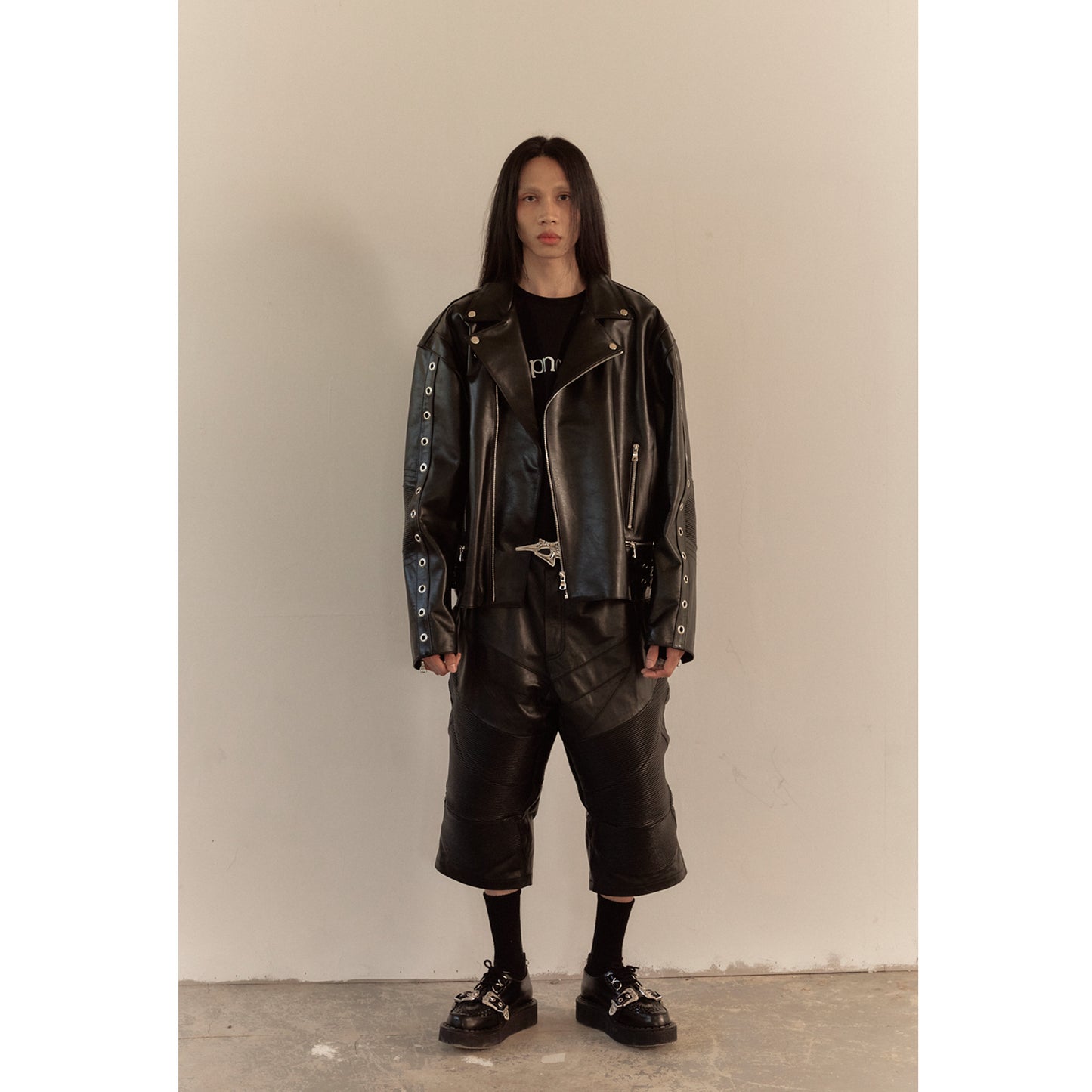 WIDE LEATHER RIDER JACKET / BLACK