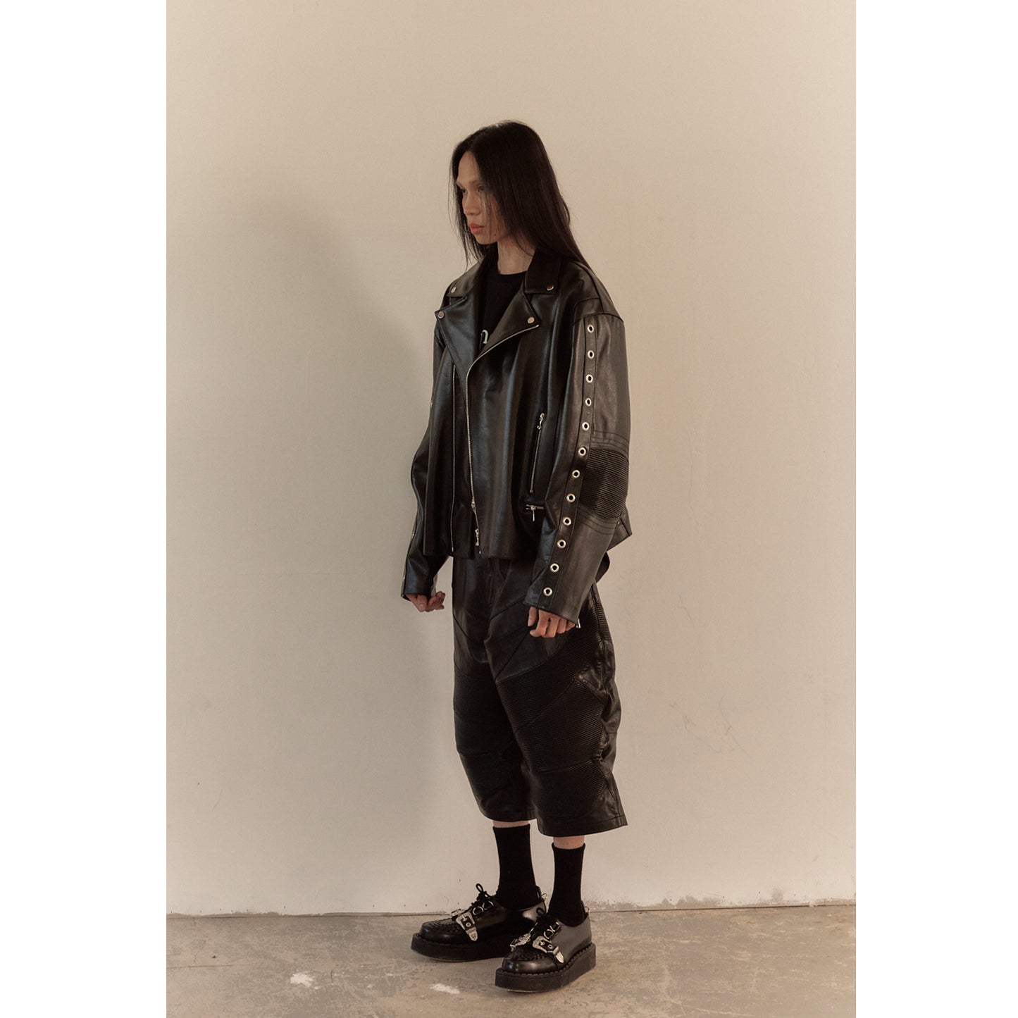 WIDE LEATHER RIDER JACKET / BLACK