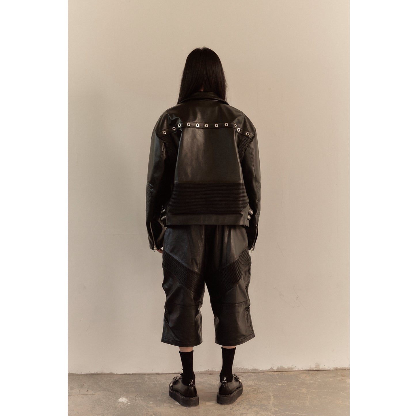 LEATHER BIKER HALF PANTS / BLACK