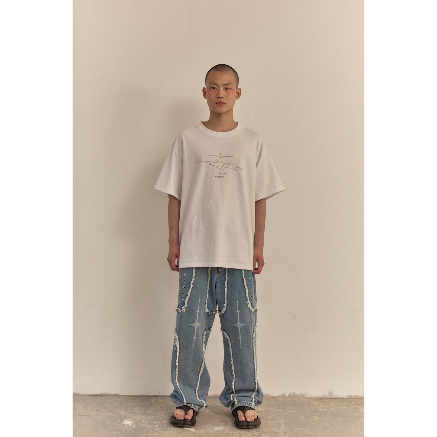 DESTROYED CROSS DENIM PANTS / BLUE