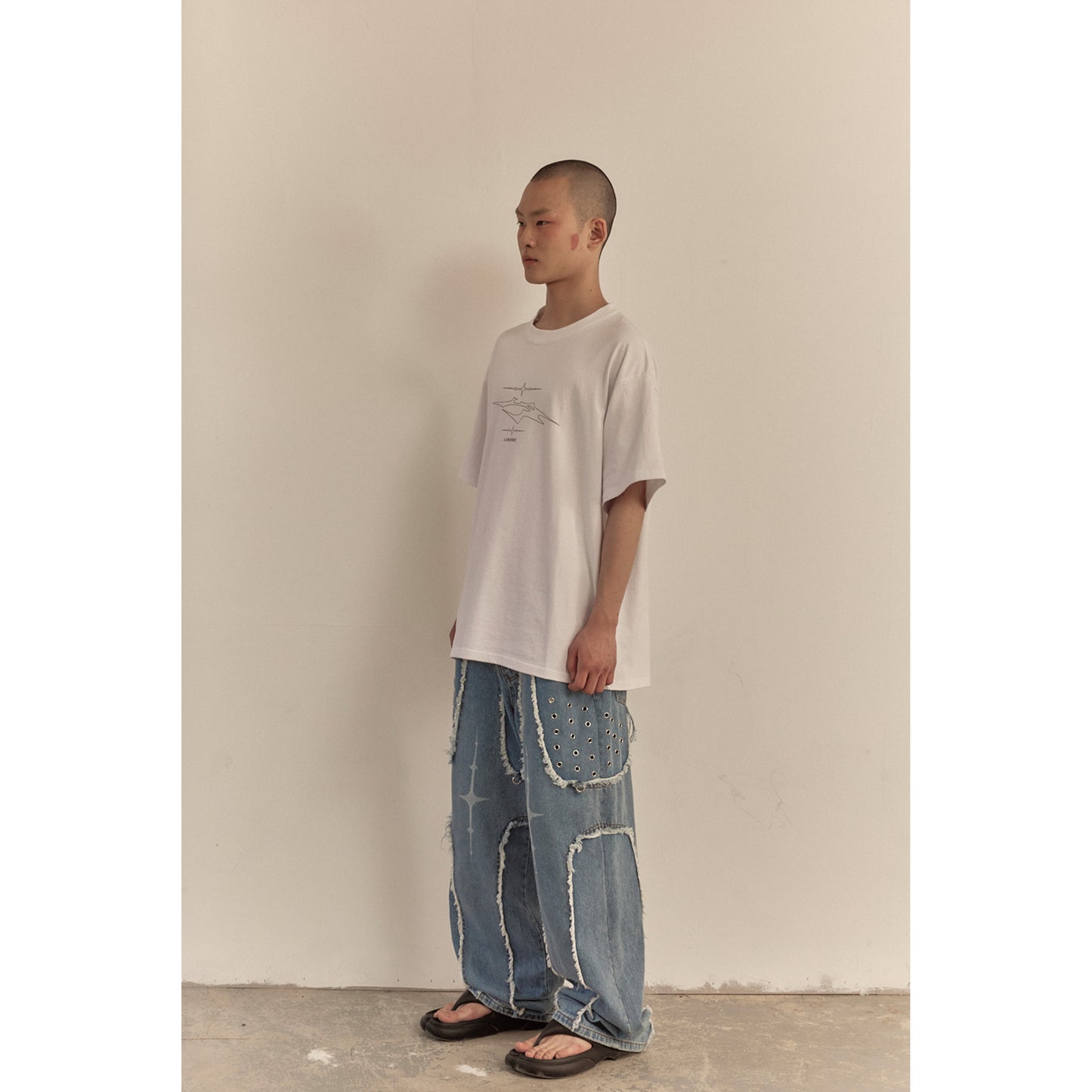 DESTROYED CROSS DENIM PANTS / BLUE