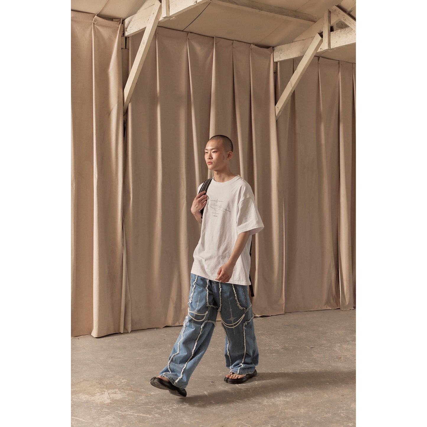 DESTROYED CROSS DENIM PANTS / BLUE