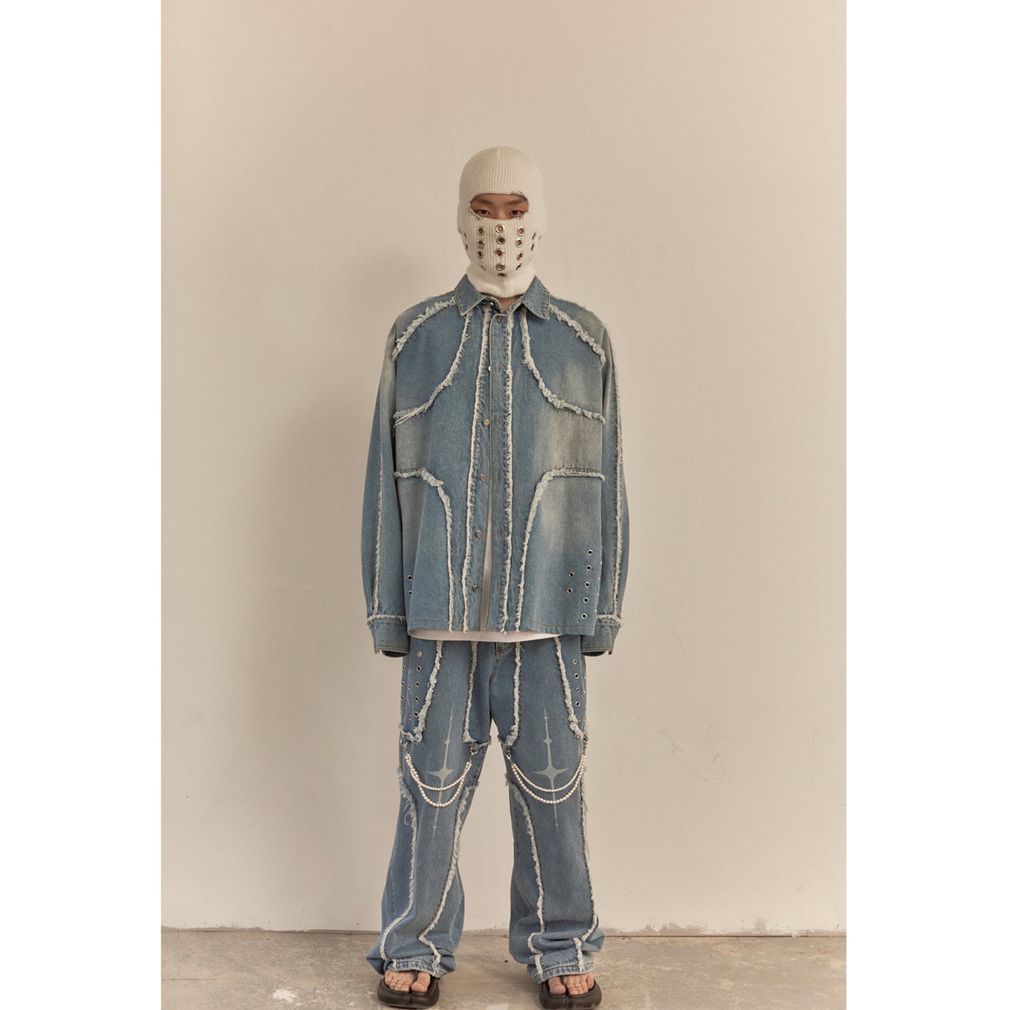 DESTROYED CROSS DENIM PANTS / BLUE