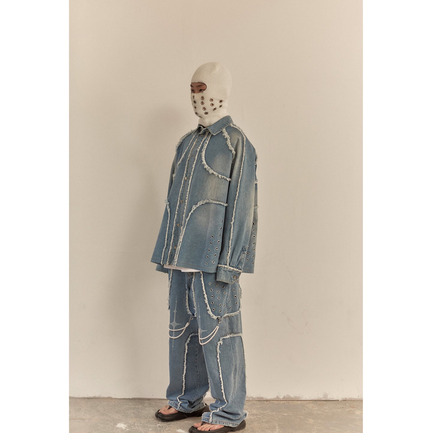 DESTROYED CROSS DENIM PANTS / BLUE