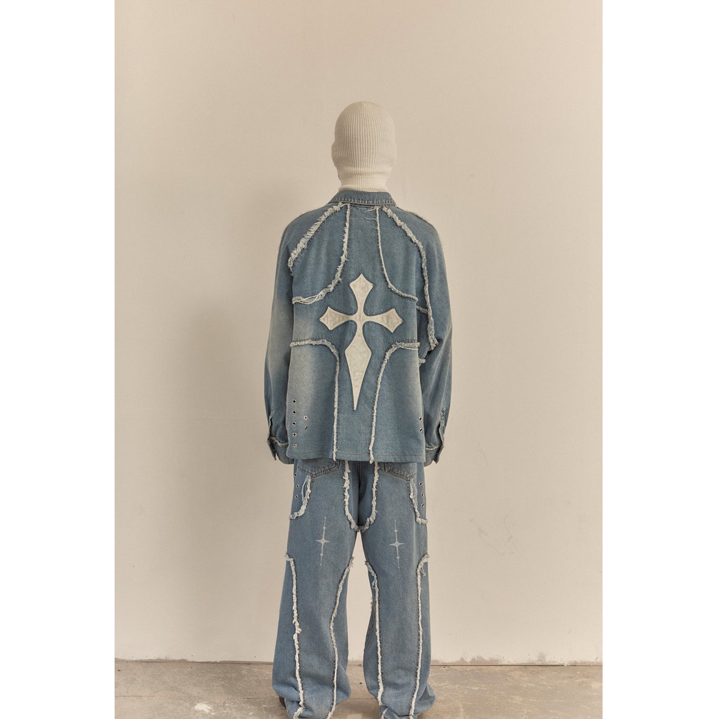 DESTROYED CROSS DENIM PANTS / BLUE