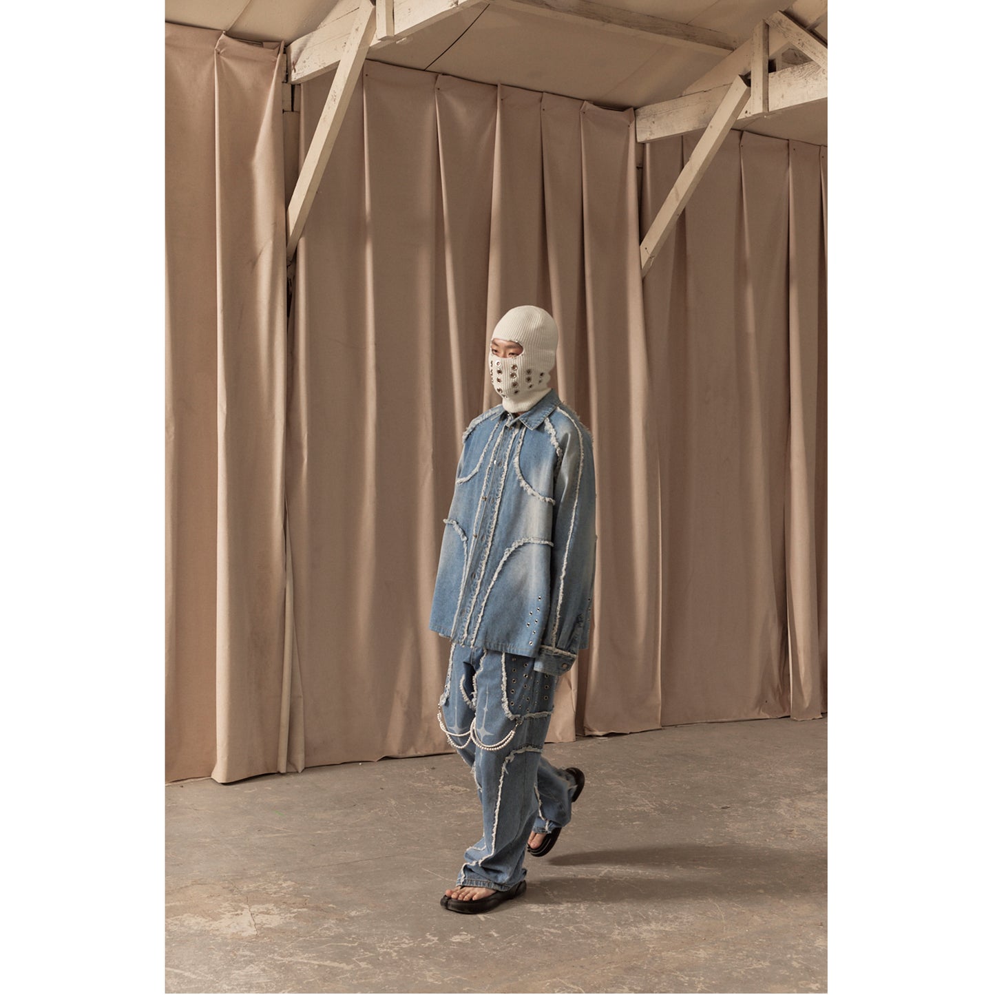 DESTROYED CROSS DENIM PANTS / BLUE