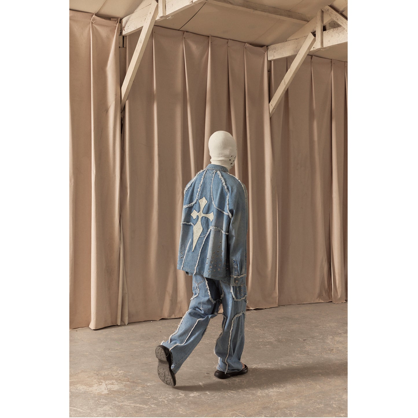 DESTROYED CROSS DENIM PANTS / BLUE