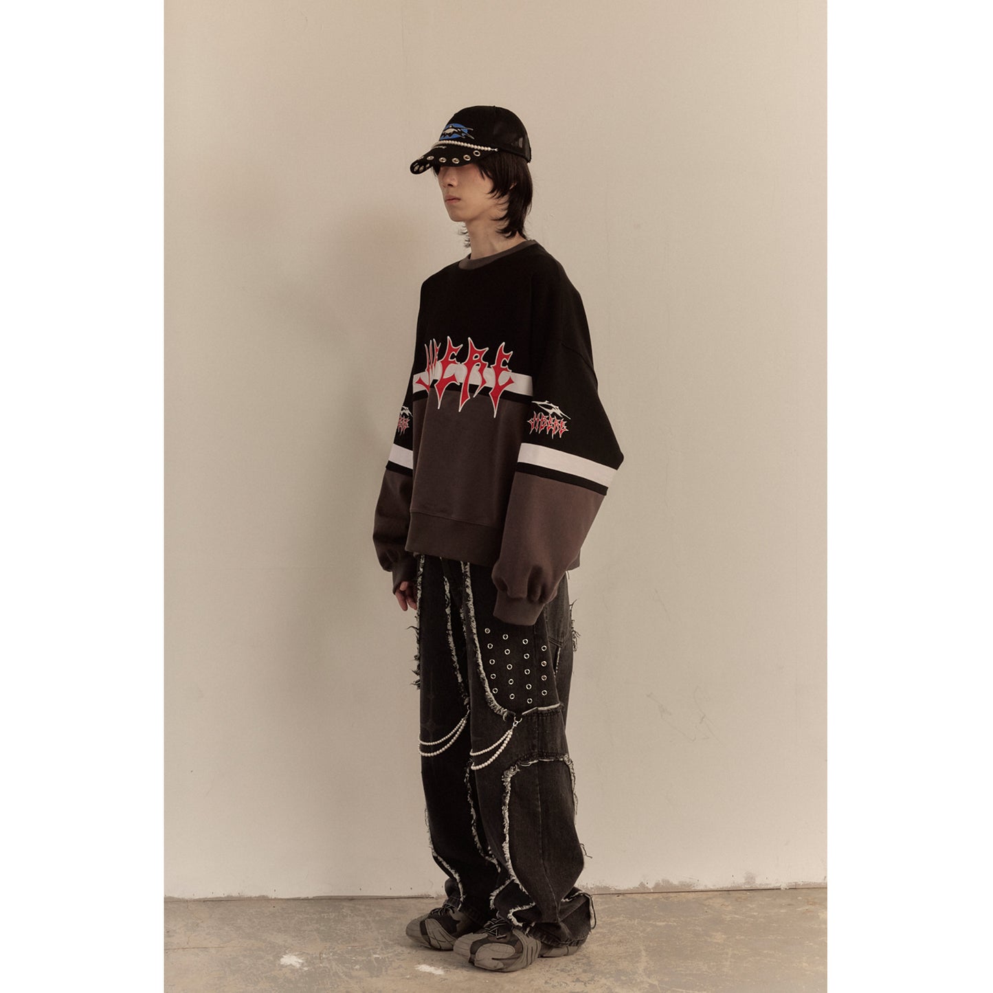 DESTROYED CROSS DENIM PANTS / BLACK