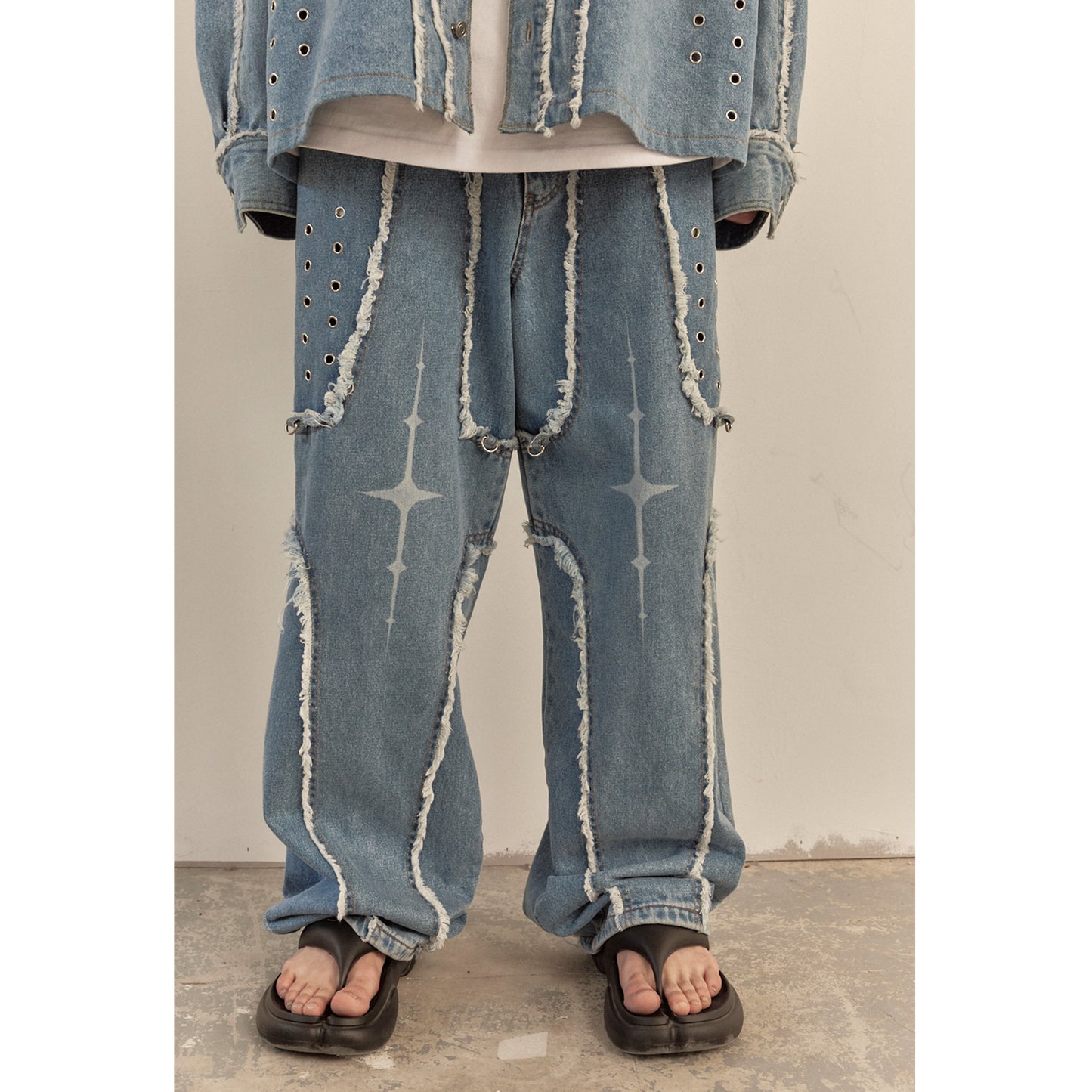 DESTROYED CROSS DENIM PANTS / BLUE