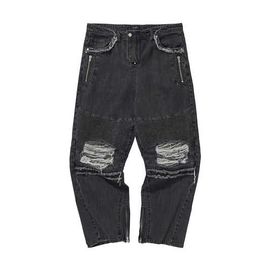 DENIM BIKER BAGGY PANTS / BLACK