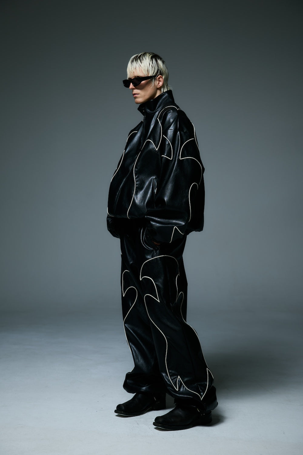 WESTERN FLAME LEATHER TRACK PANTS / BLACK