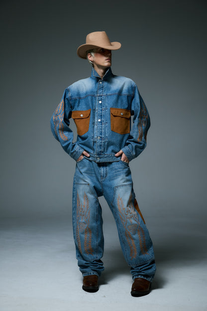 WESTERN DOUBLE KNEE DENIM PANTS / BLUE