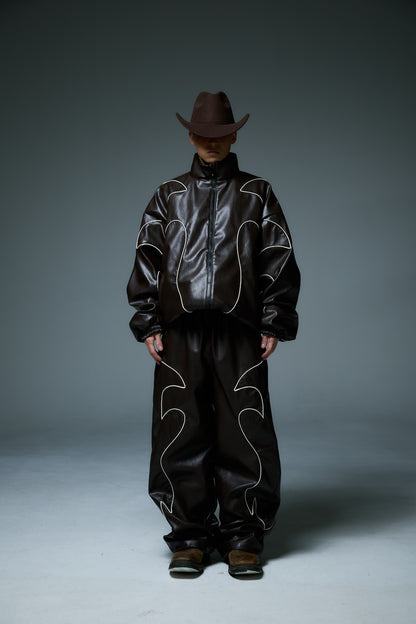 WESTERN FLAME LEATHER TRACK JACKET / BROWN