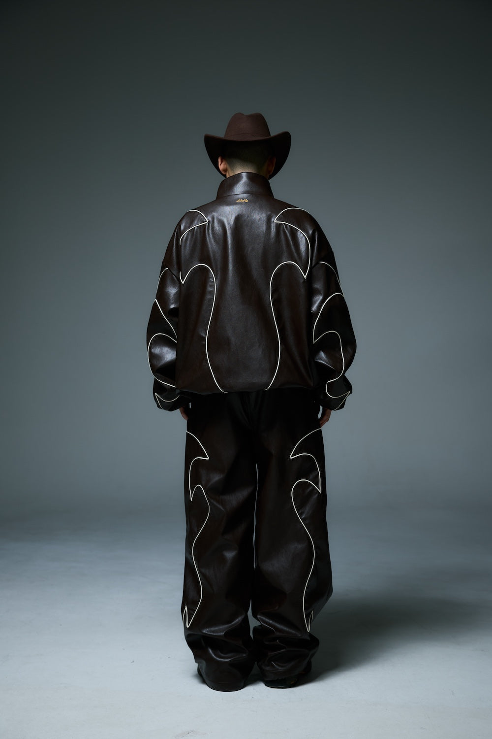 WESTERN FLAME LEATHER TRACK JACKET / BROWN