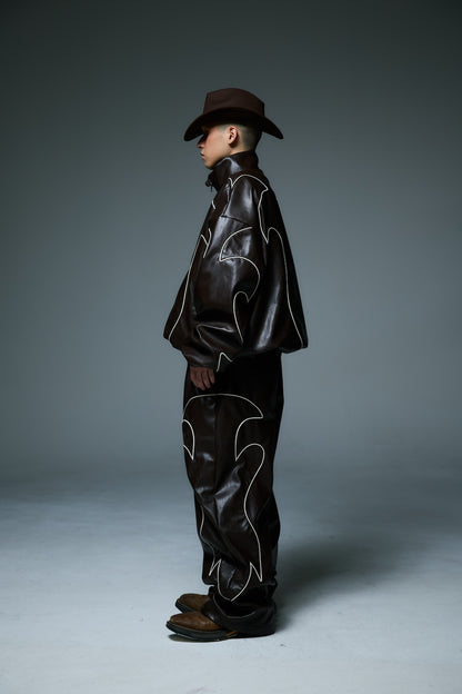 WESTERN FLAME LEATHER TRACK PANTS / BROWN