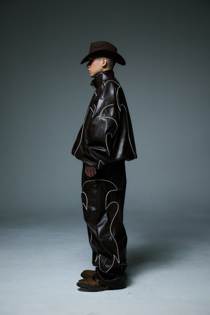 WESTERN FLAME LEATHER TRACK JACKET / BROWN
