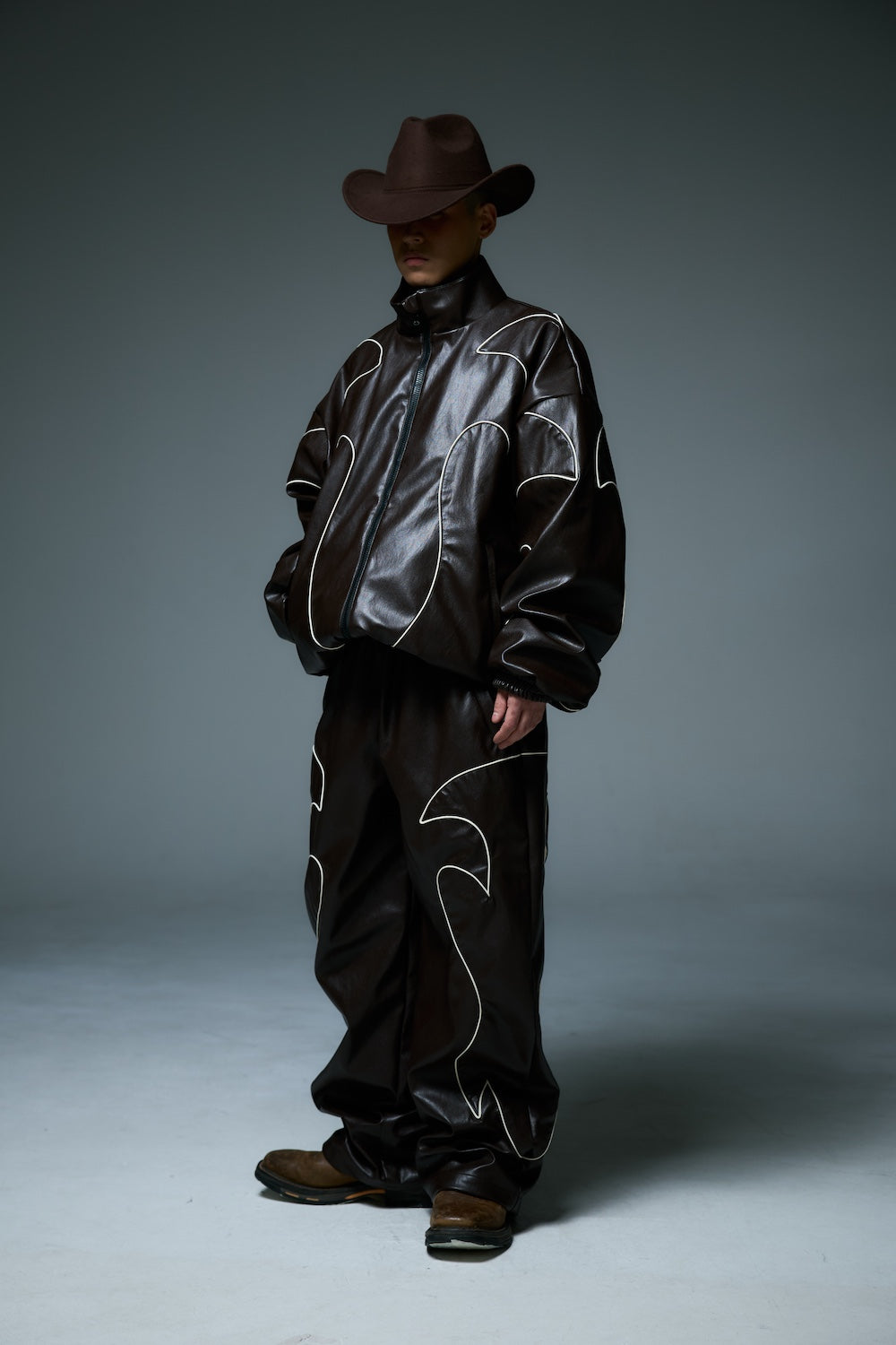 WESTERN FLAME LEATHER TRACK JACKET / BROWN