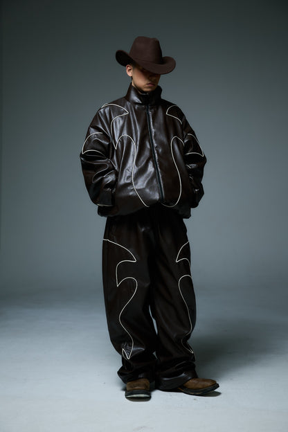 WESTERN FLAME LEATHER TRACK JACKET / BROWN