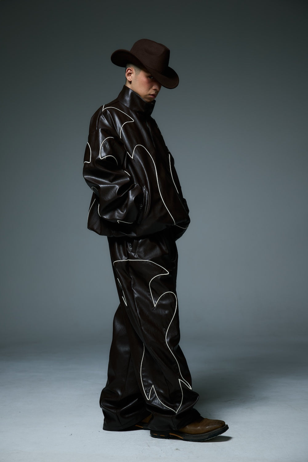 WESTERN FLAME LEATHER TRACK JACKET / BROWN