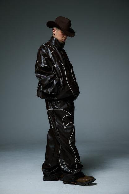 WESTERN FLAME LEATHER TRACK JACKET / BROWN