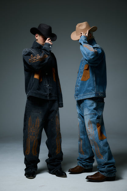 WESTERN DOUBLE KNEE DENIM PANTS / BLACK