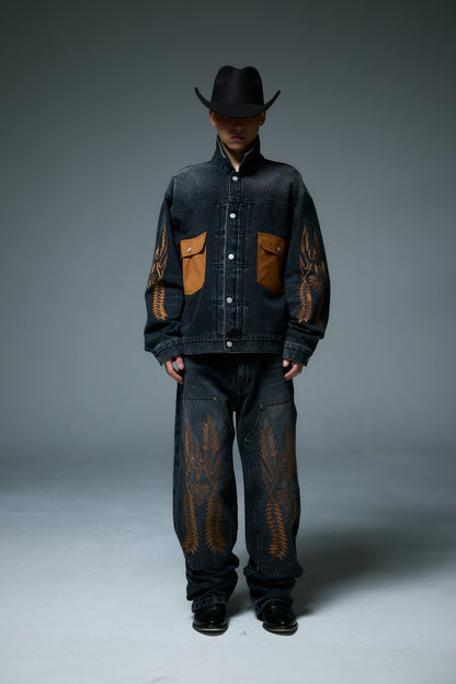 WESTERN DOUBLE KNEE DENIM PANTS / BLACK