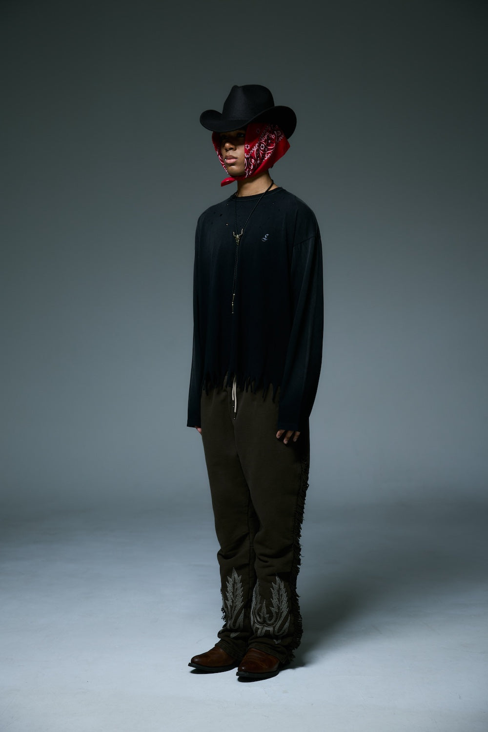 FRINGE LONG SLEEVE T-SHIRTS / BLACK