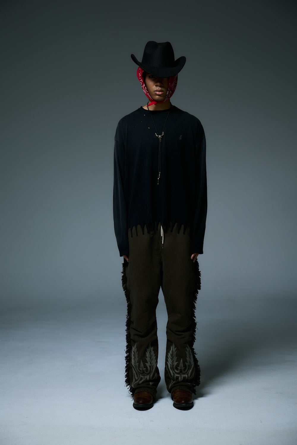 FRINGE LONG SLEEVE T-SHIRTS / BLACK