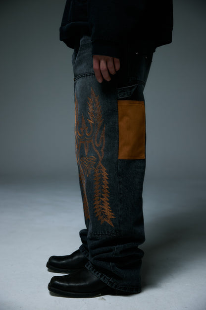 WESTERN DOUBLE KNEE DENIM PANTS / BLACK