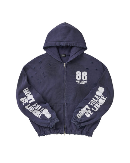 88 DISTRESSED ZIP HOODIE / NAVY