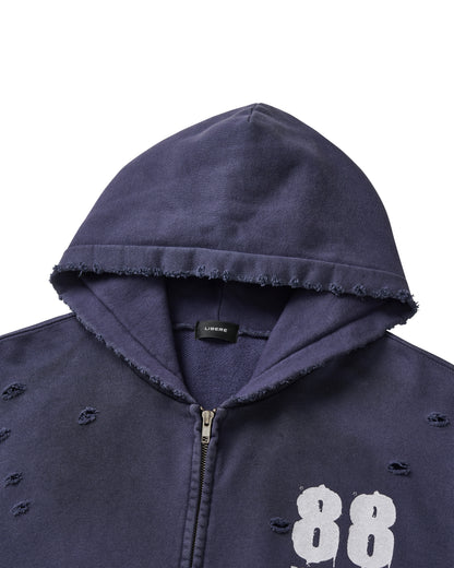 88 DISTRESSED ZIP HOODIE / NAVY
