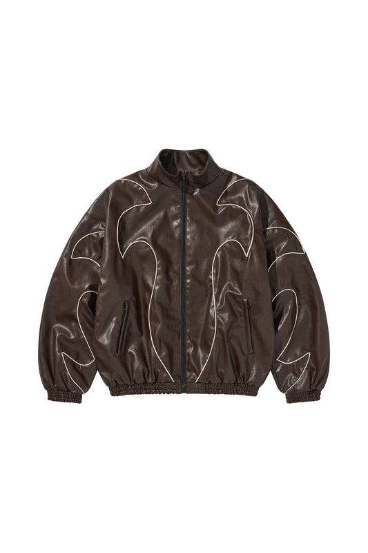 WESTERN FLAME LEATHER TRACK JACKET / BROWN
