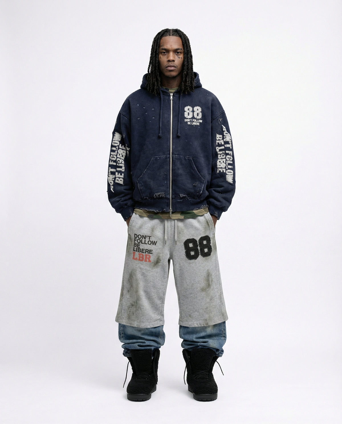 88 DISTRESSED ZIP HOODIE / NAVY